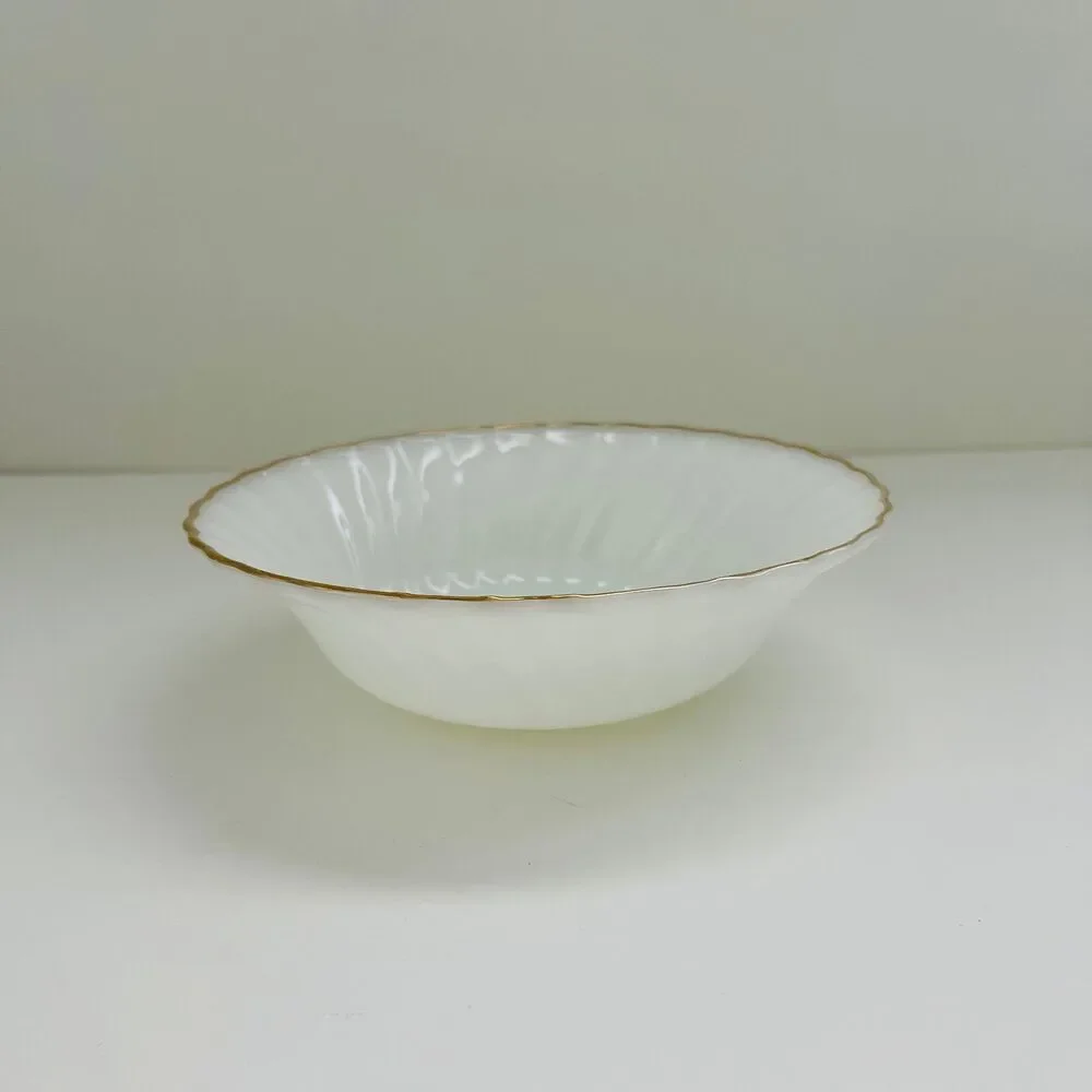 ANCHOR HOCKING Fire-King Milk Glass Golden Shell Swirl Gold Trim Vegetable Bowl